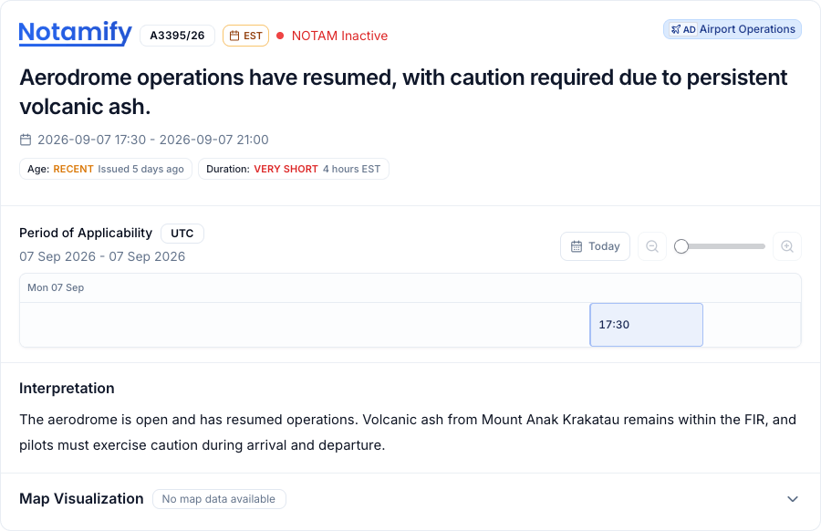 Soekarno-Hatta reopening notice A3395/26, retaining a warning about volcanic ash.
