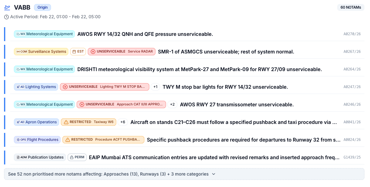 Collapsed non-prioritized NOTAMs in Flight Briefings