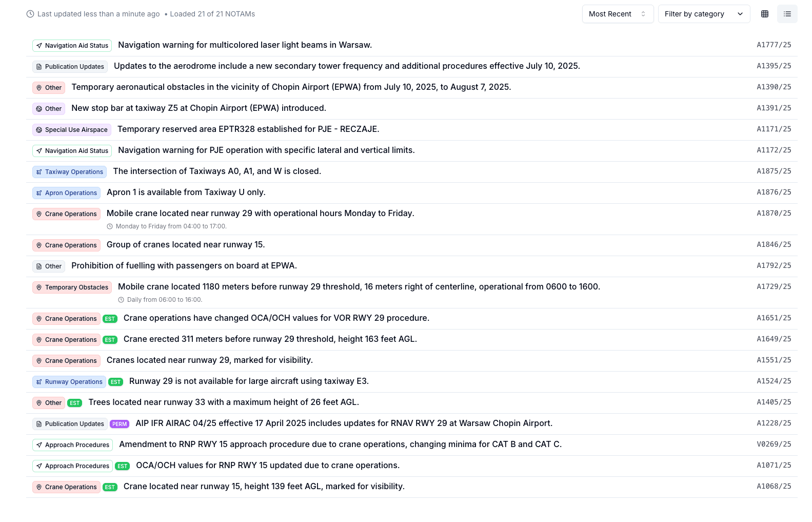 New NOTAM List View