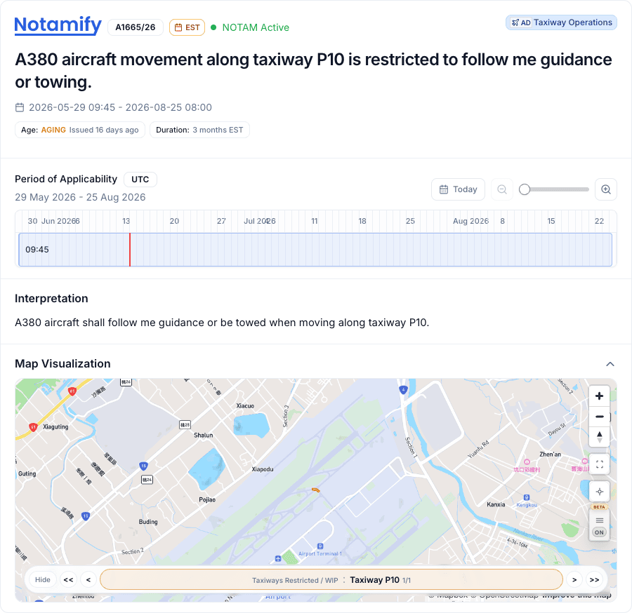 Notamify NOTAM detail example for A380 aircraft applicability on a taxiway operation
