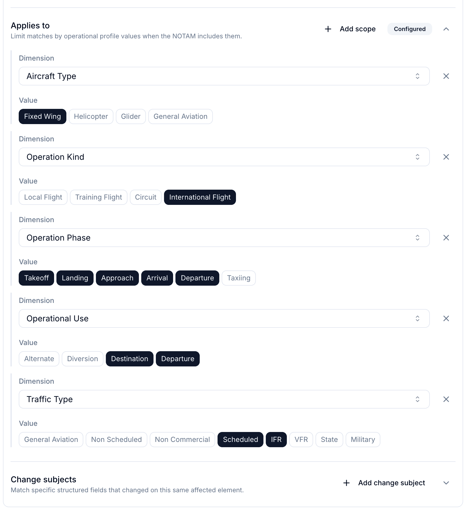 Notamify airline profile scope applied to alert filtering