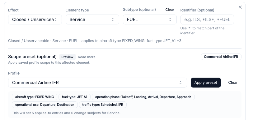 Alert scope preset applying a commercial IFR flight profile to fuel service alerts