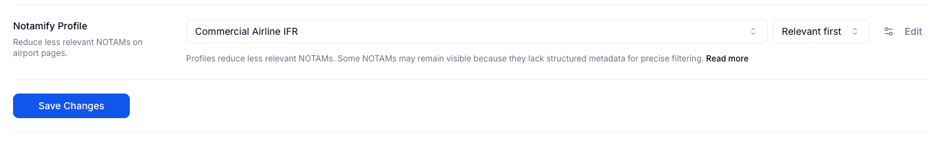Notamify Profiles in user settings