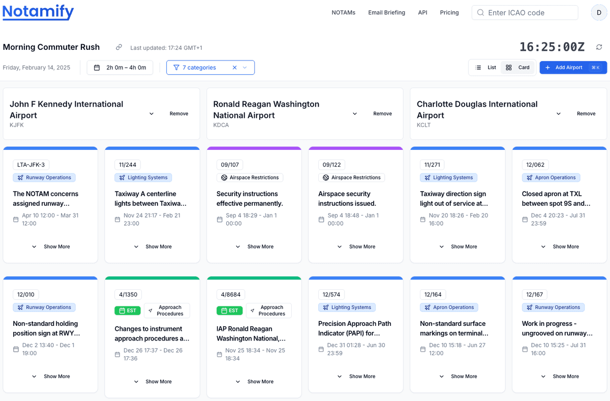 Notamify Dashboard showing multiple airport monitoring