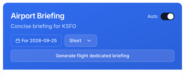 Airport Briefing panel for KSFO with the Auto switch enabled