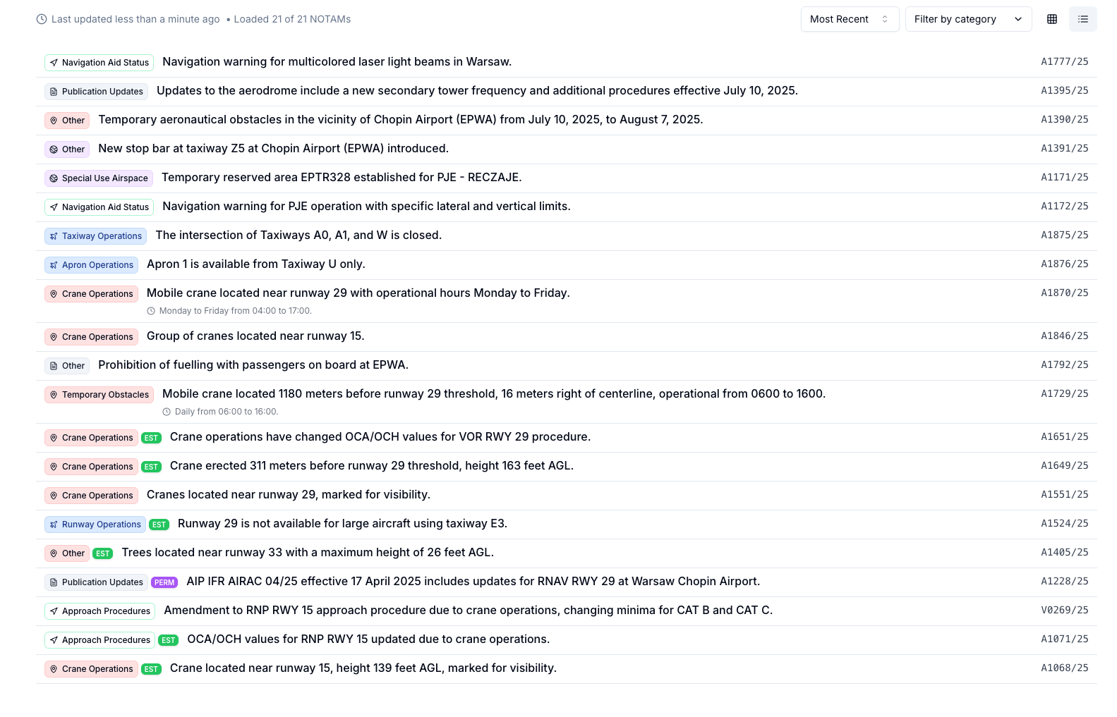 New NOTAM List View