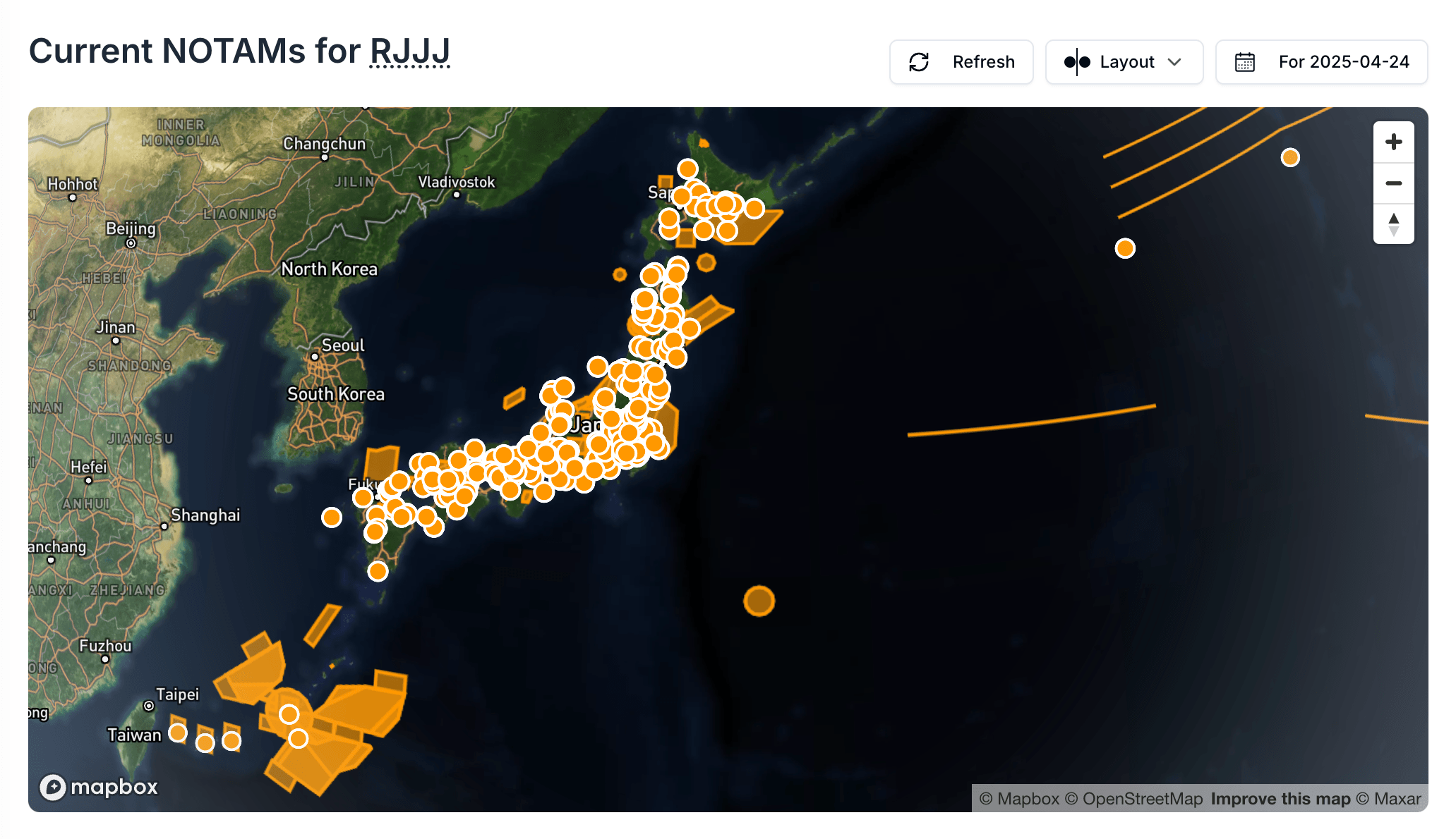 RJJJ FIR NOTAMs displayed on Notamify Globe