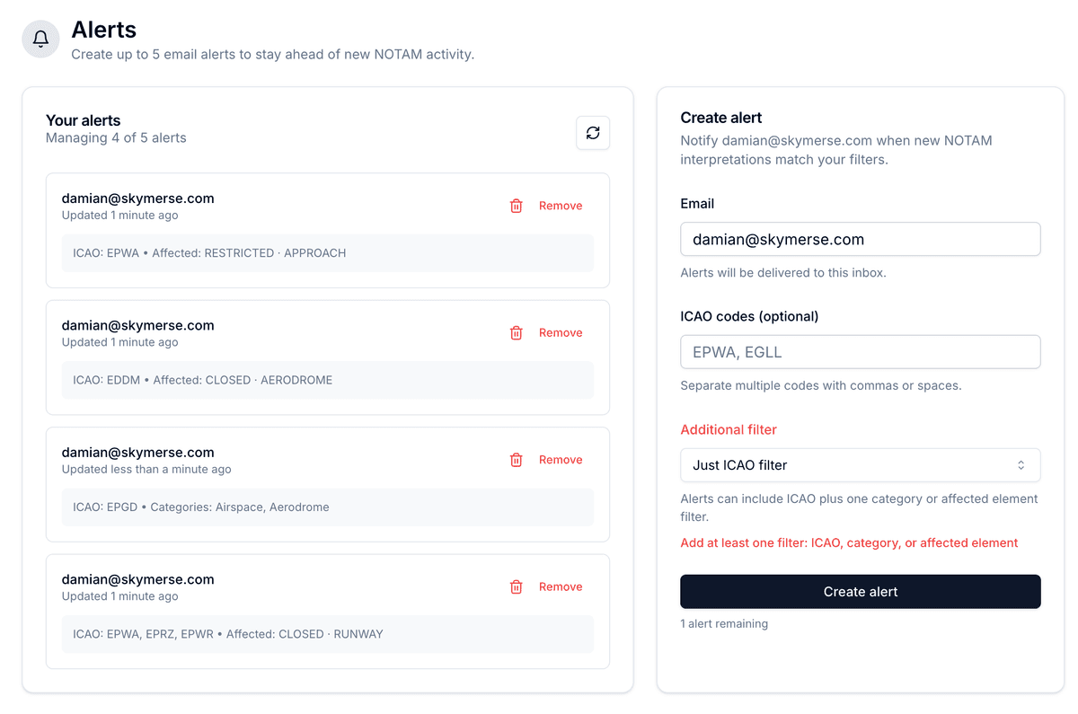 Alert configuration interface showing email notification setup